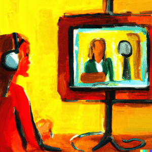 Una pintura al óleo impresionista de una mujer en una videollamada.